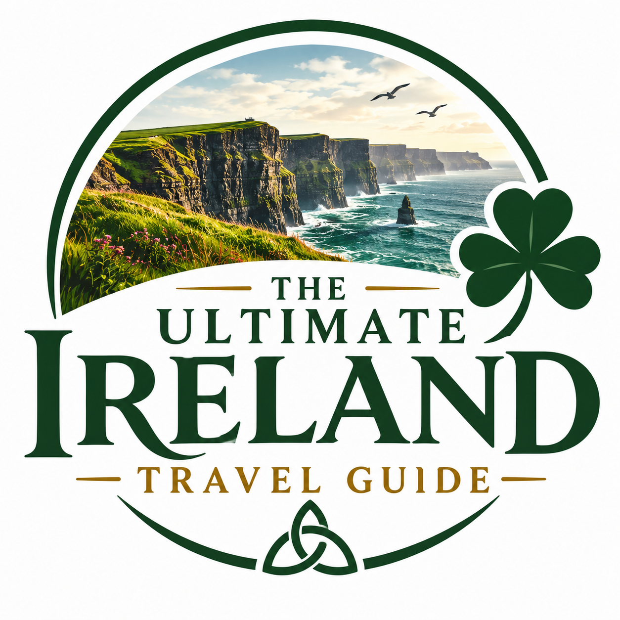 Logo for Ultimate Ireland Travel Guide featuring coastal cliffs and seabirds