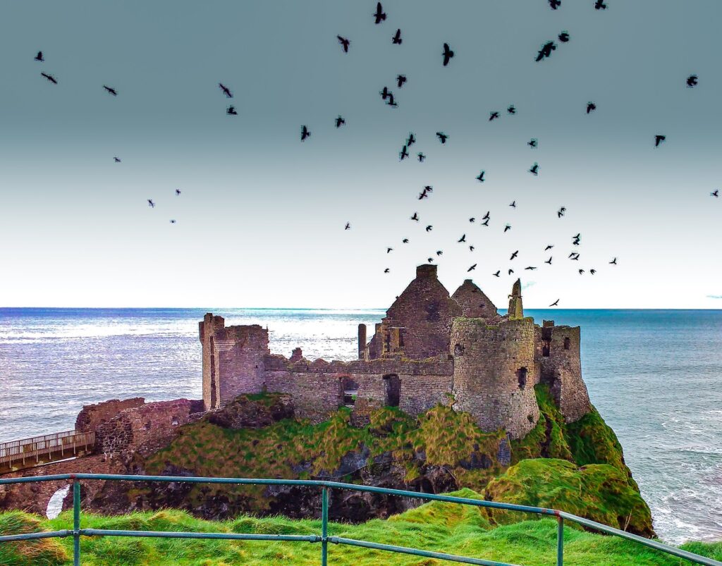 Ruined castle on rocky coastal promontory with flock of birds flying overhead