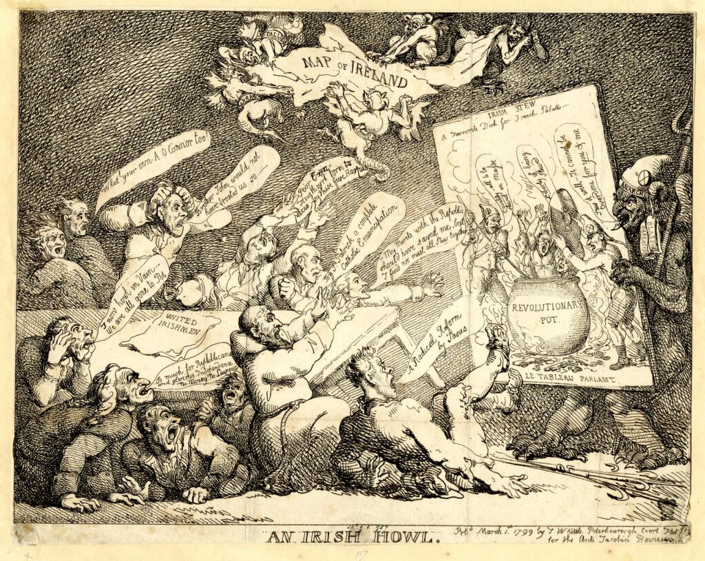18th century engraving depicting Irish figures in satirical scene with cauldron and documents