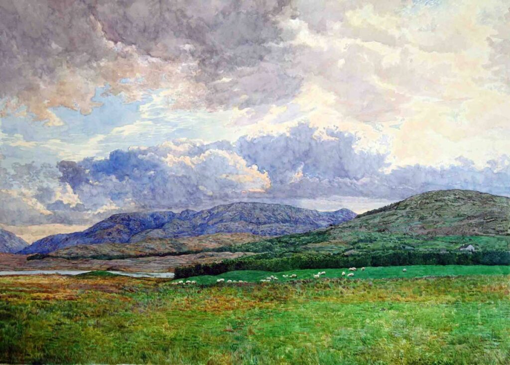 Green pastoral valley with distant mountains, grazing sheep, and dramatic cloudy sky