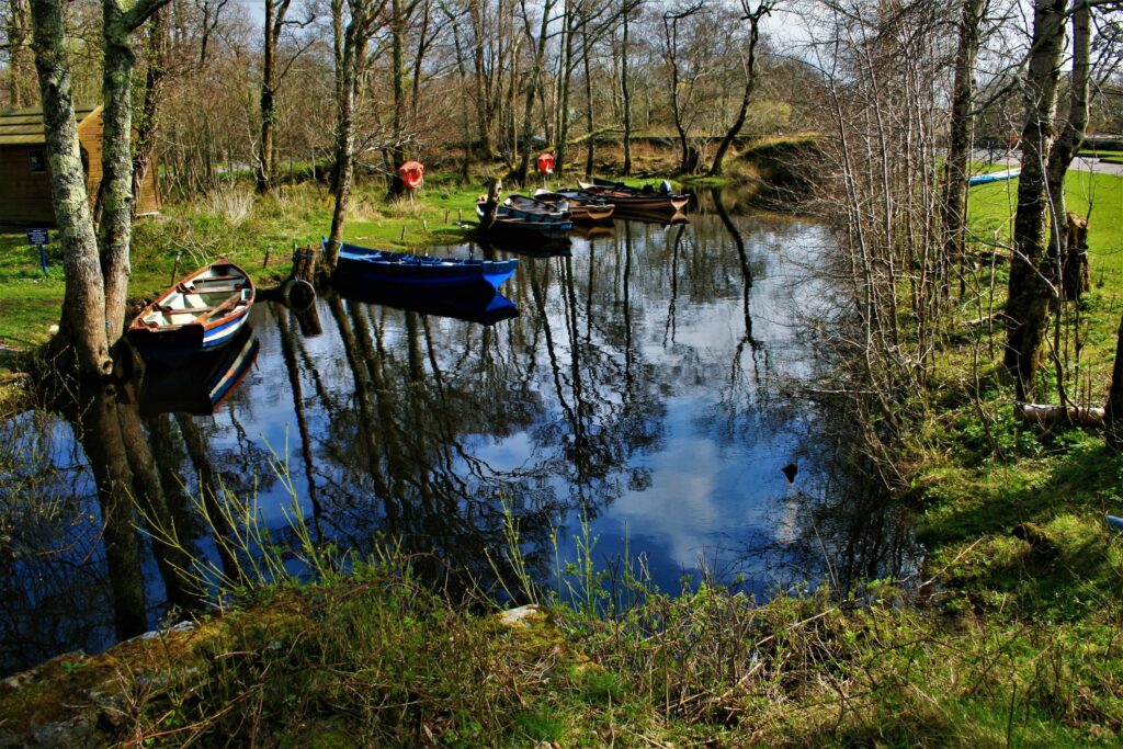 Several moored boats on a calm canal lined with bare trees and green banks