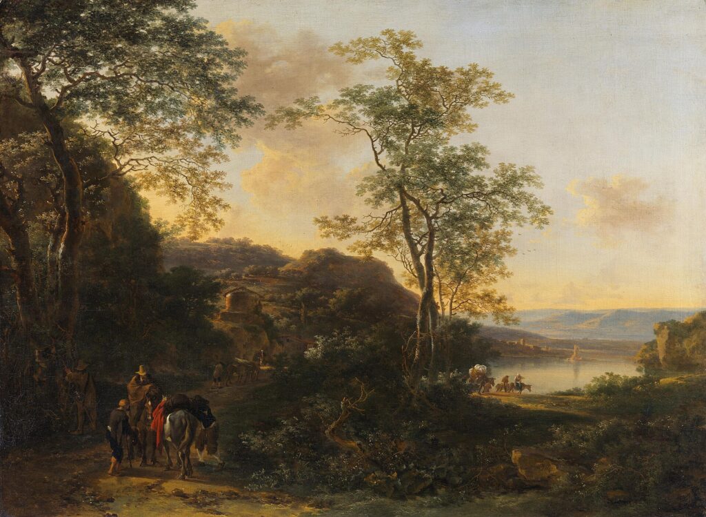 Classical landscape painting of a river valley with travelers on a wooded path