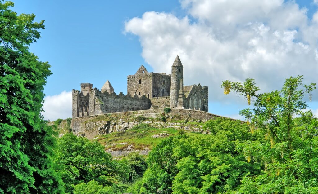 Medieval stone castle with towers perched on green hillside surrounded by trees